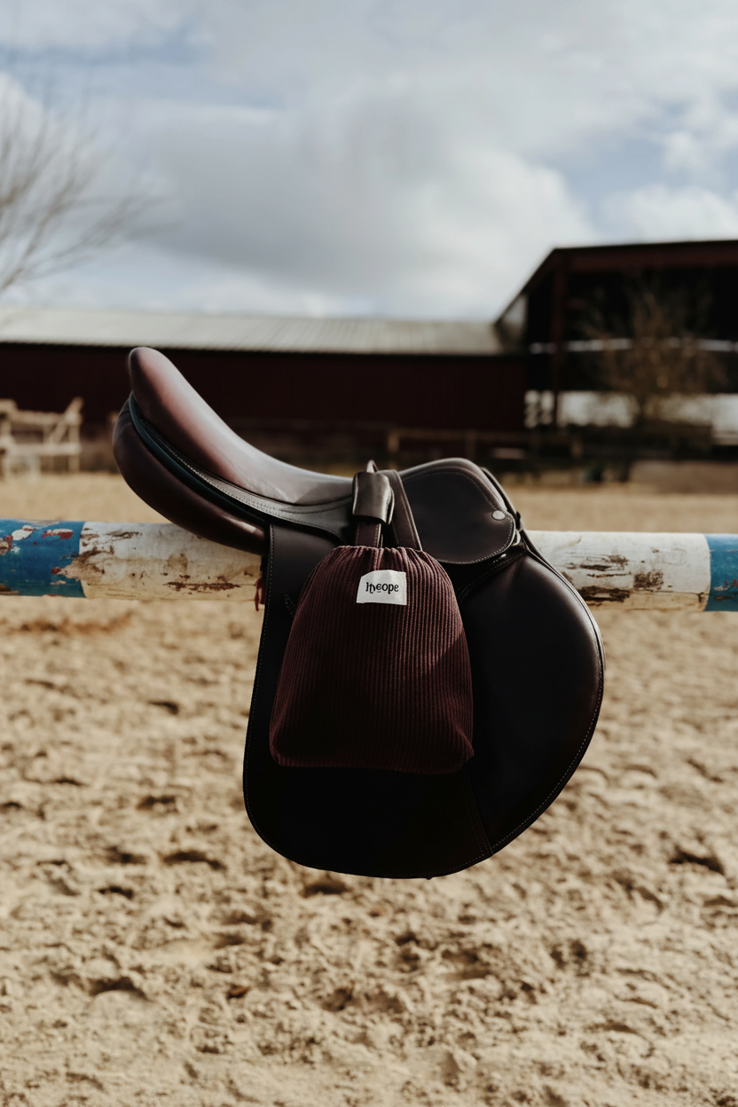 Housses d'étriers velours bordeaux Hysope Équitation – lumière naturelle style Sézane