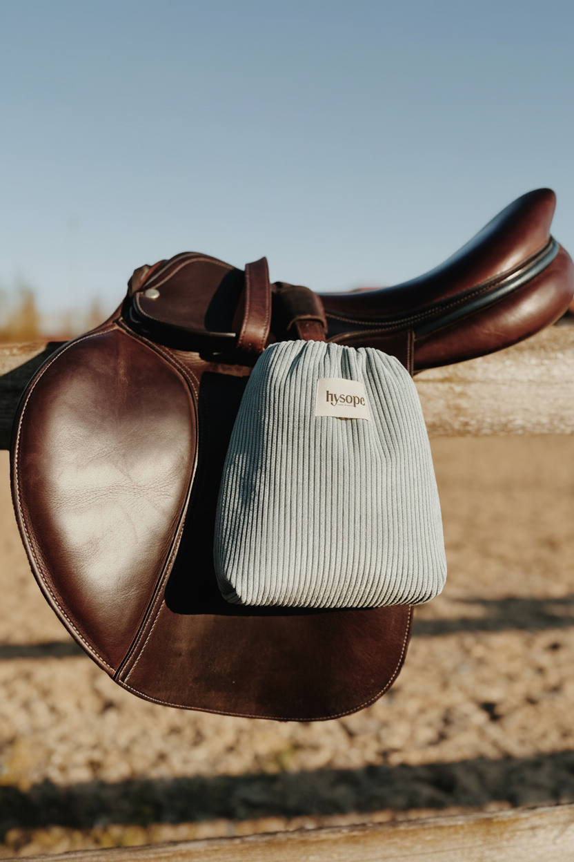 Housses d'étriers velours bleu ciel Hysope Équitation – vue de profil
