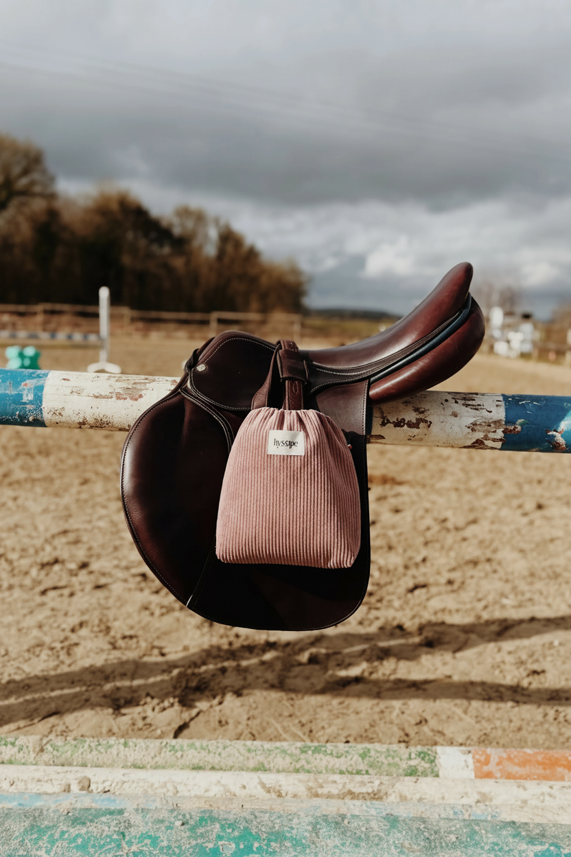 Housses d'étriers velours rose poudré Hysope Équitation – lumière naturelle