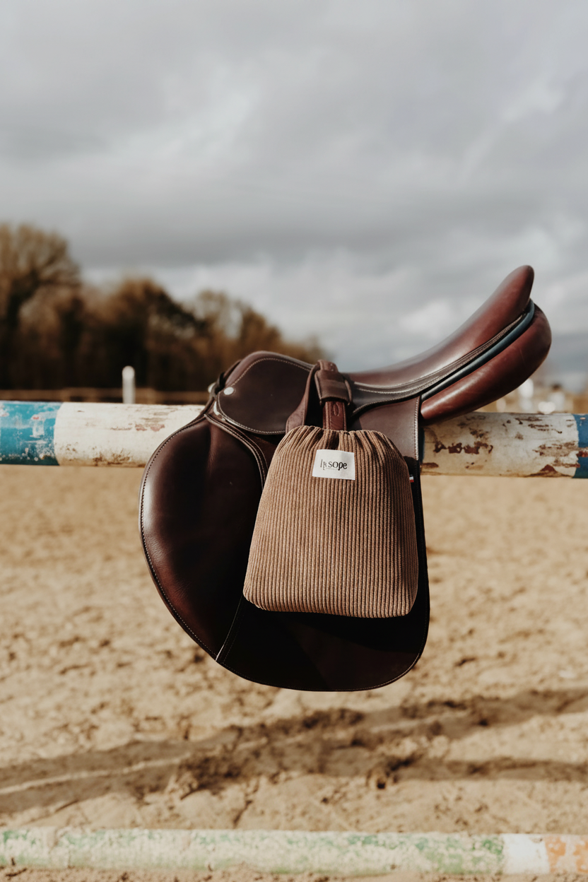 Housses d'étriers velours marron chocolat Hysope Équitation – lumière naturelle