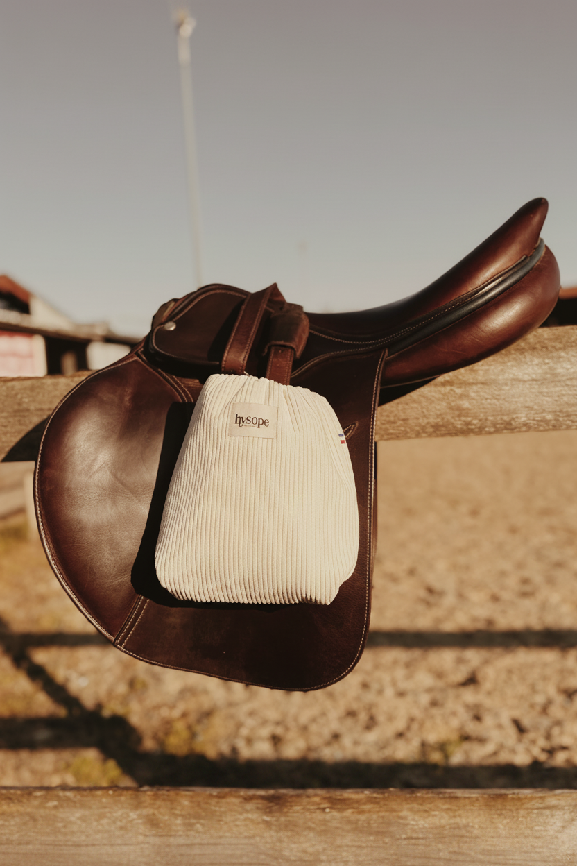 Housse d'étrier velours Hysope Équitation – en situation sur selle en cuir